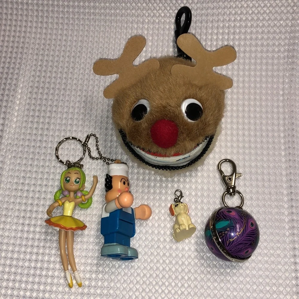 5 Girls’ Keychains Bag Clips Joke Book Anime Ballerina, Baker Lip Balm Puppy